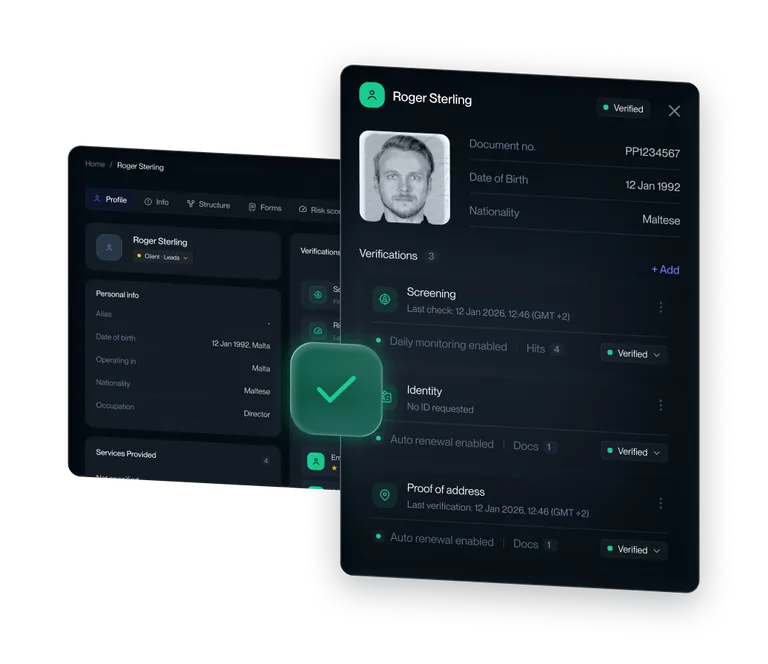 Binderr AML client profile with screening, identity verification and proof-of-address results