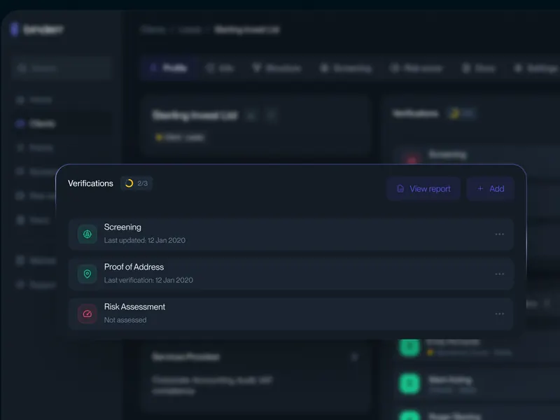 The Binderr RegTech platform, showing a client’s verifications: screening, proof of address and risk assessment