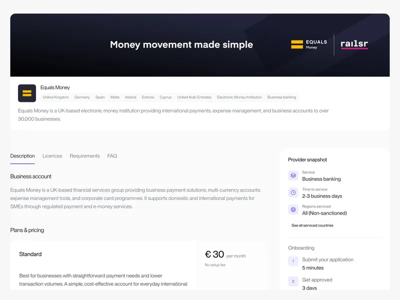 The Equals Money listing on Binderr, showing its markets, description, plans and pricing, and provider snapshot