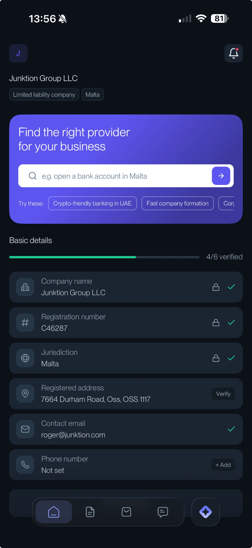 Binderr Business Wallet app showing a verified company profile with basic details